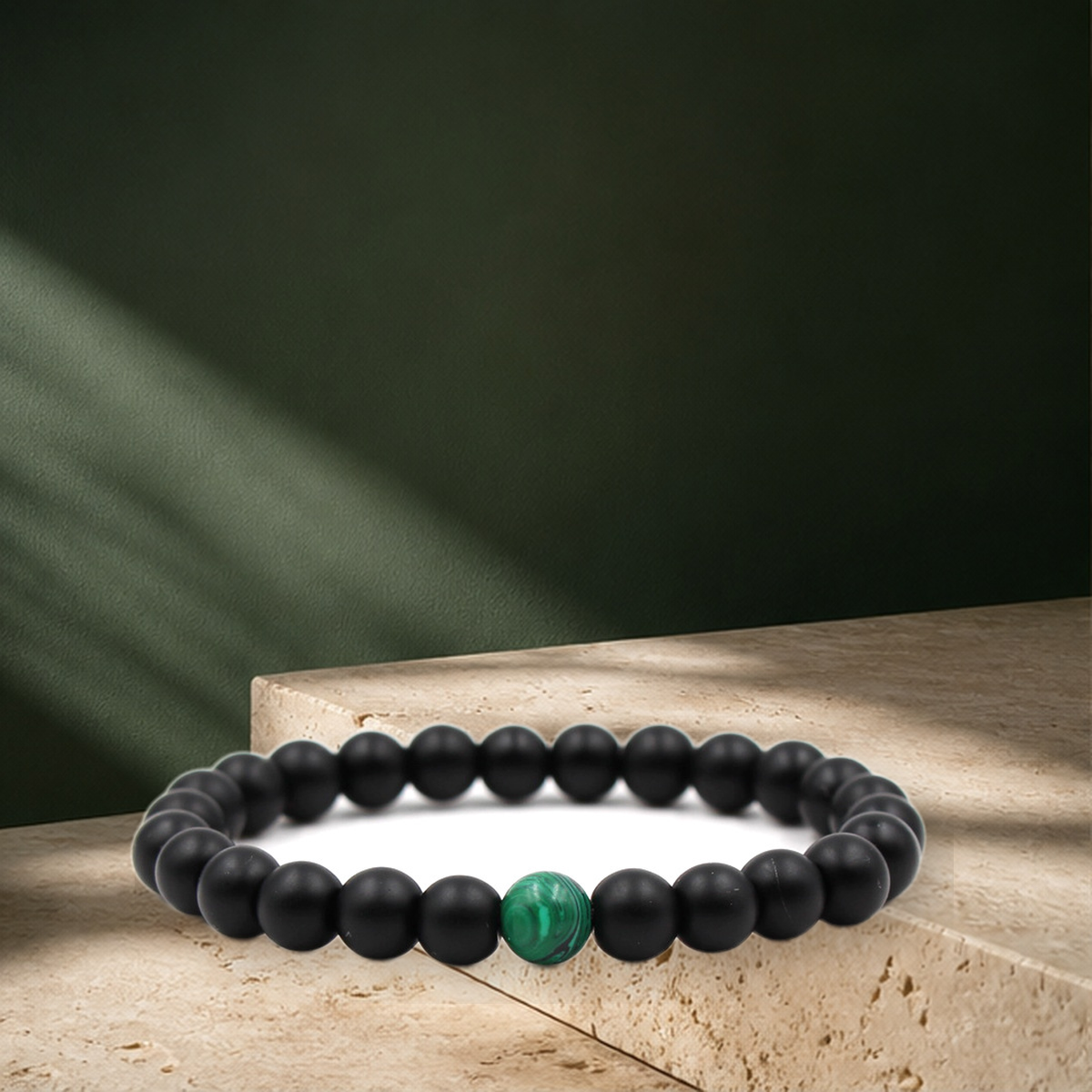 Bracelet perlé noir et malachite — Noir with green-14 mm — vue 13