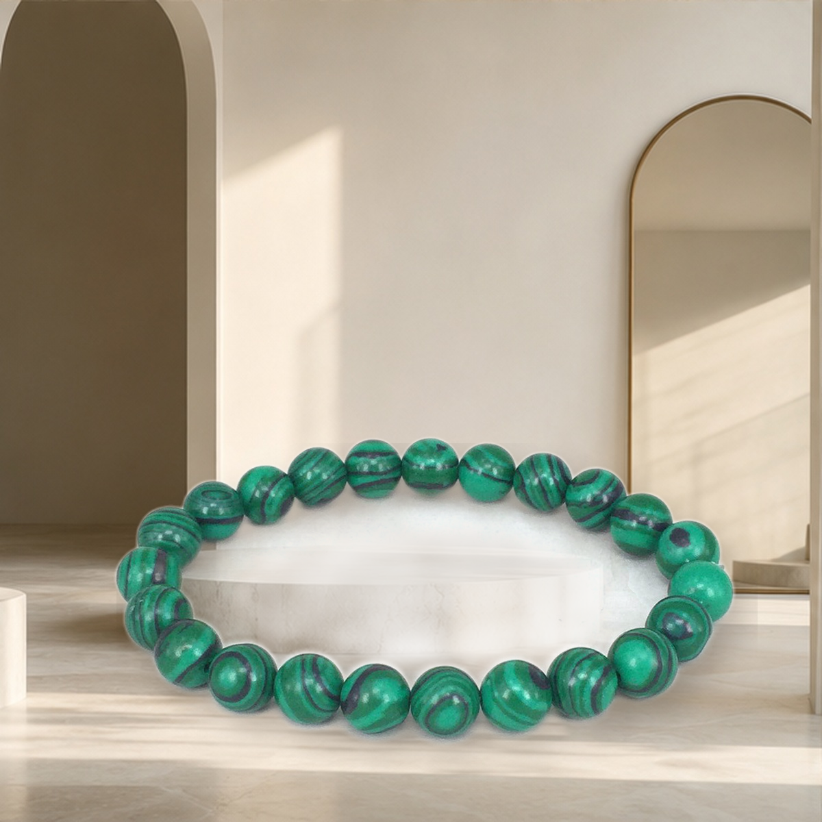 Bracelet perlé noir et malachite — Vert with black-14 mm — vue 15