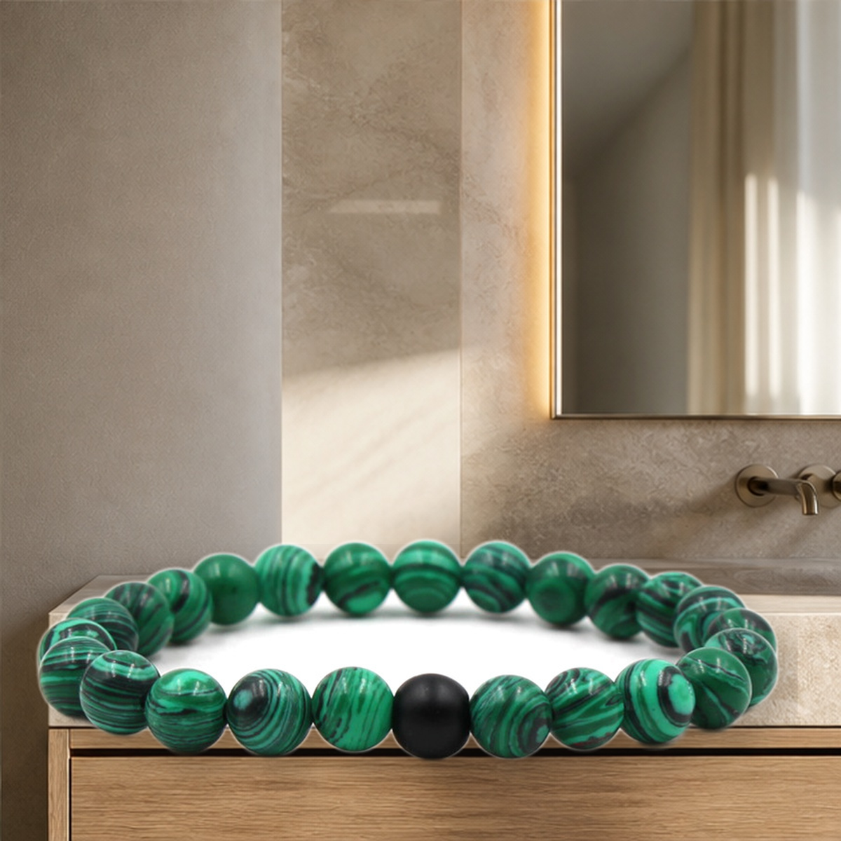 Bracelet perlé noir et malachite — Vert with black-8 mm — vue 16