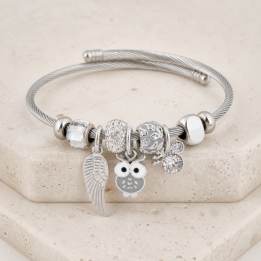 Bracelet perlé avec pendentif chouette — Gris — vue 1