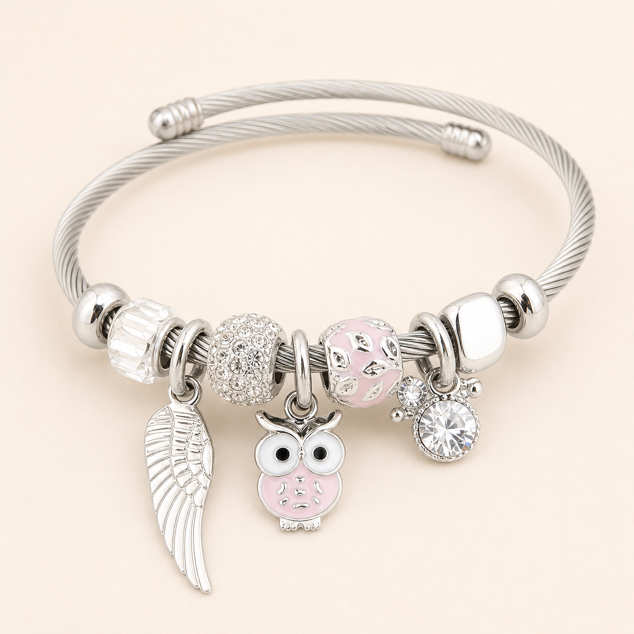 Bracelet perlé avec pendentif chouette — Rose — vue 2