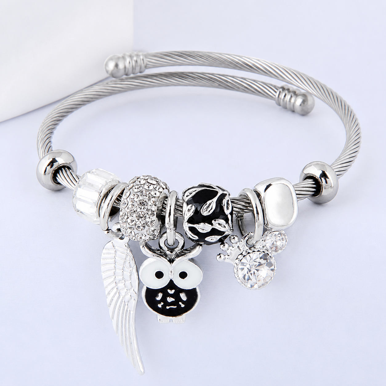 Bracelet perlé avec pendentif chouette — Noir — vue 3