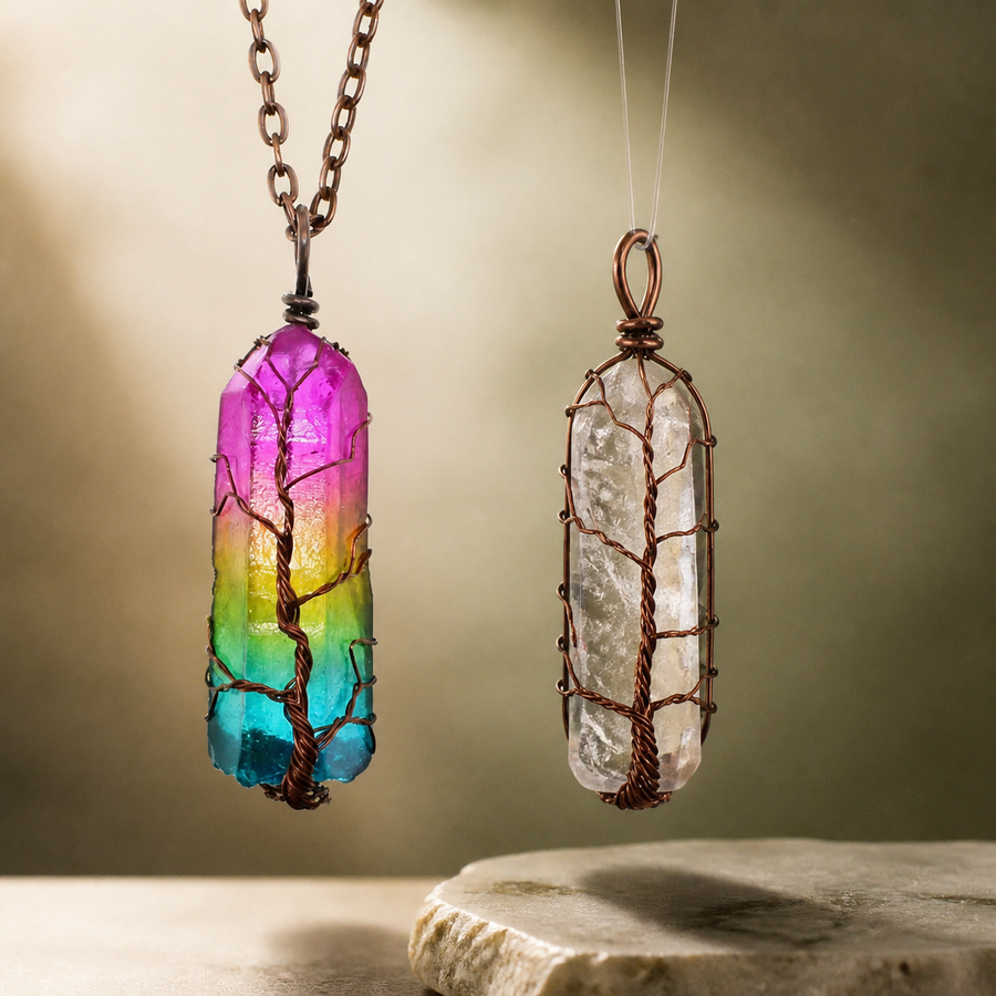 Collier en pierre naturelle Olvyra – pendentifs multicolore et cristal blanc