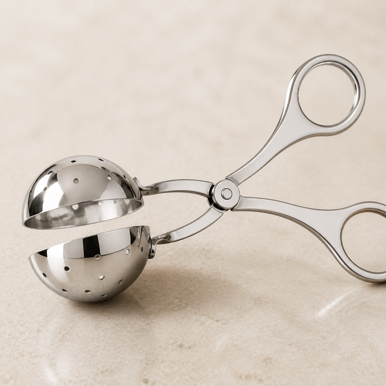 Cuillere a boulettes en acier, detail de la charniere — Stainless-steel meatball scoop, hinge detail