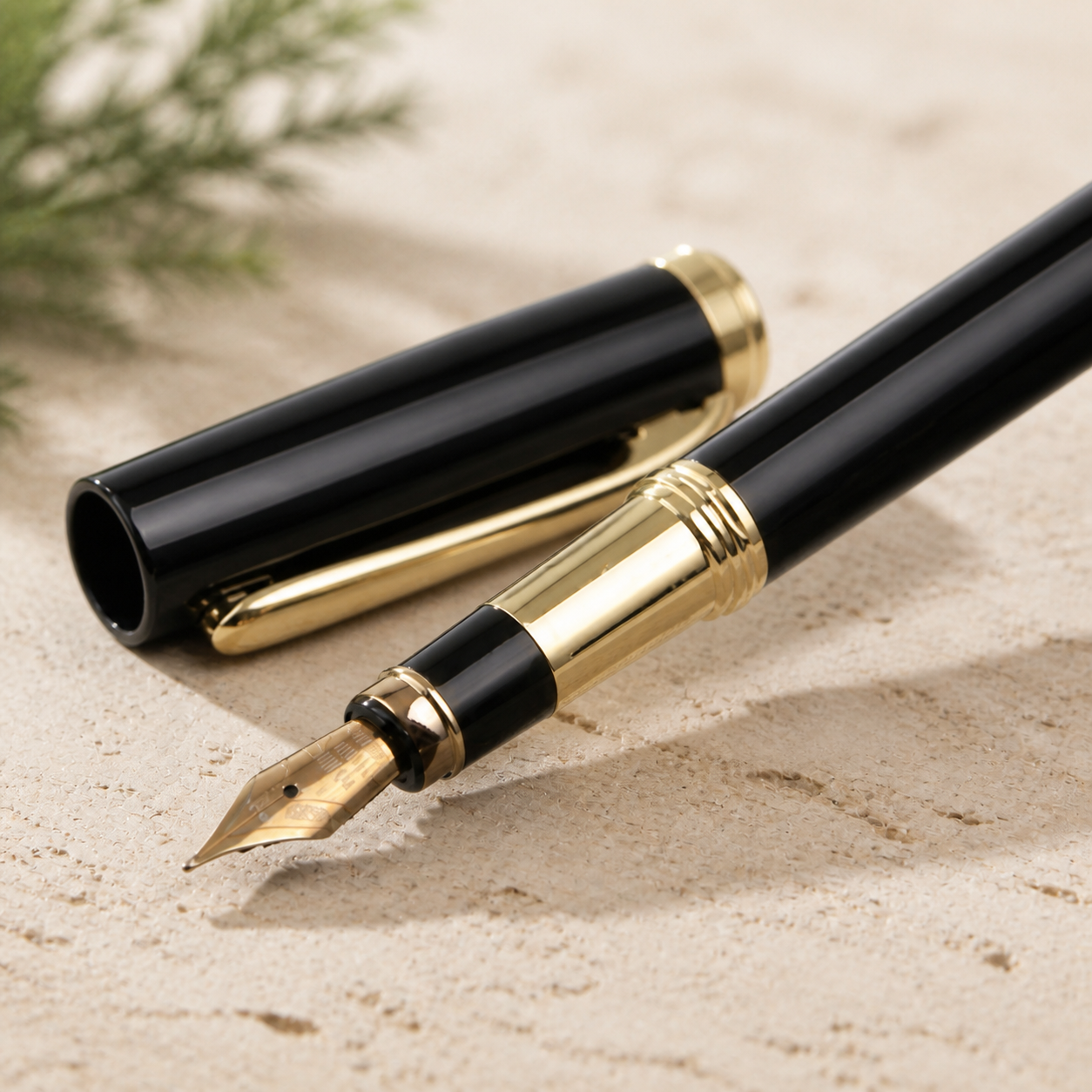Stylo plume laque noir a finitions dorees, vue de detail — Black lacquer fountain pen with gold-tone trim, detail view