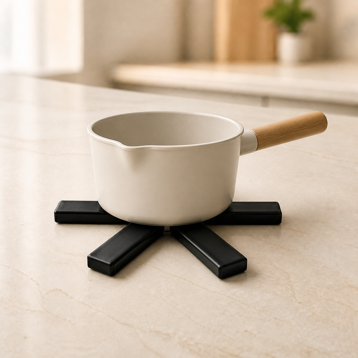 Dessous-de-plat noir deplie sous une casserole — Black unfolded trivet beneath a saucepan