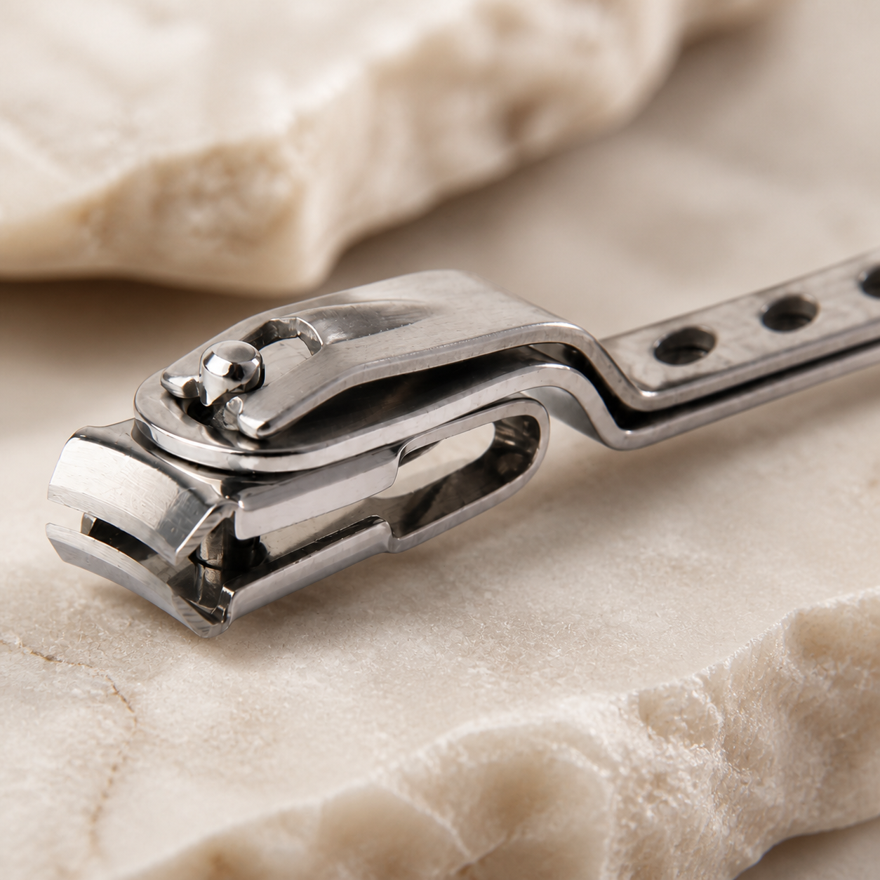 Coupe-ongles rotatif en acier, detail de la tete — Rotating stainless-steel nail clipper, head detail