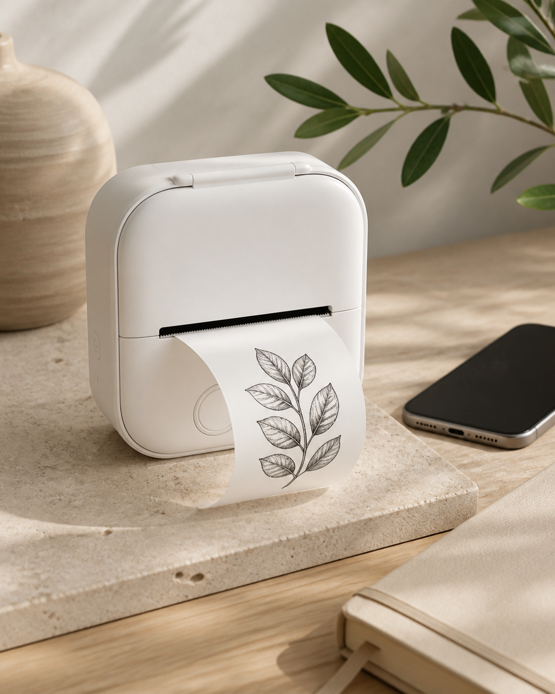 Mini imprimante thermique sur un bureau contemporain