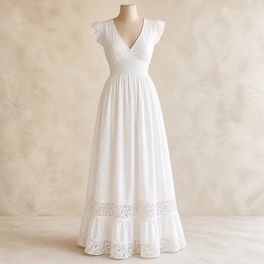 Robe longue en dentelle — Blanc uni