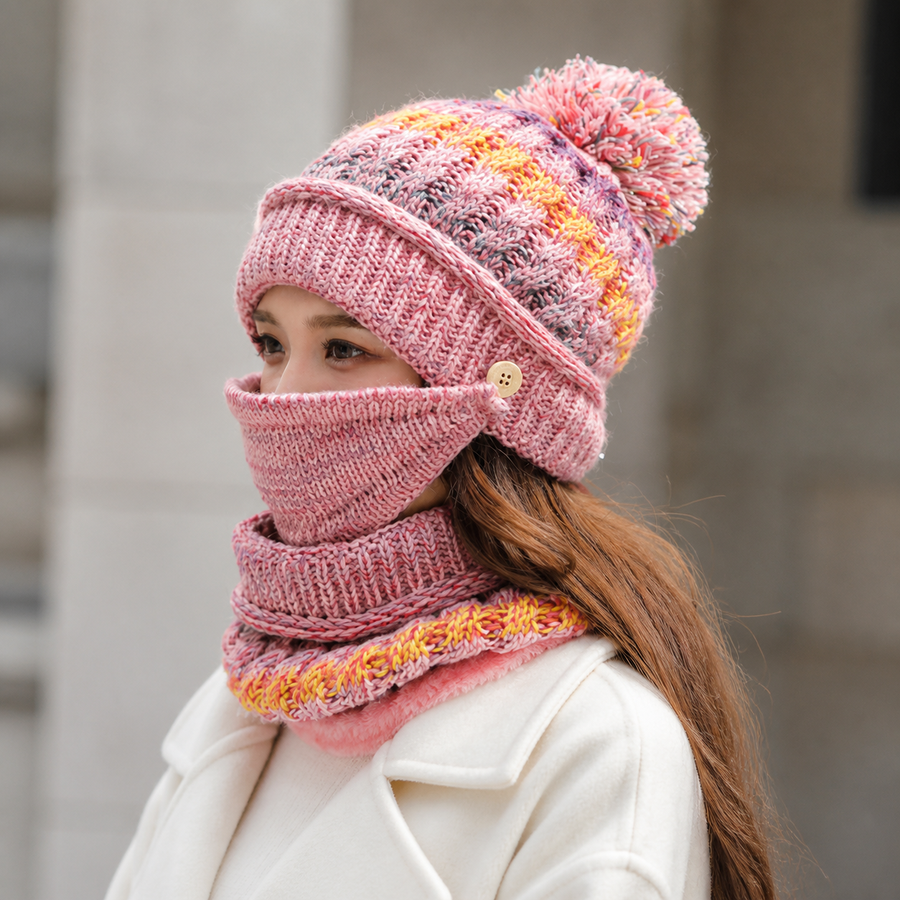Bonnet à pompon avec cache-visage et tour de cou — Rose chiné