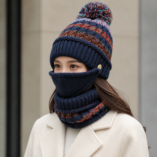Bonnet à pompon avec cache-visage et tour de cou — Bleu marine chiné