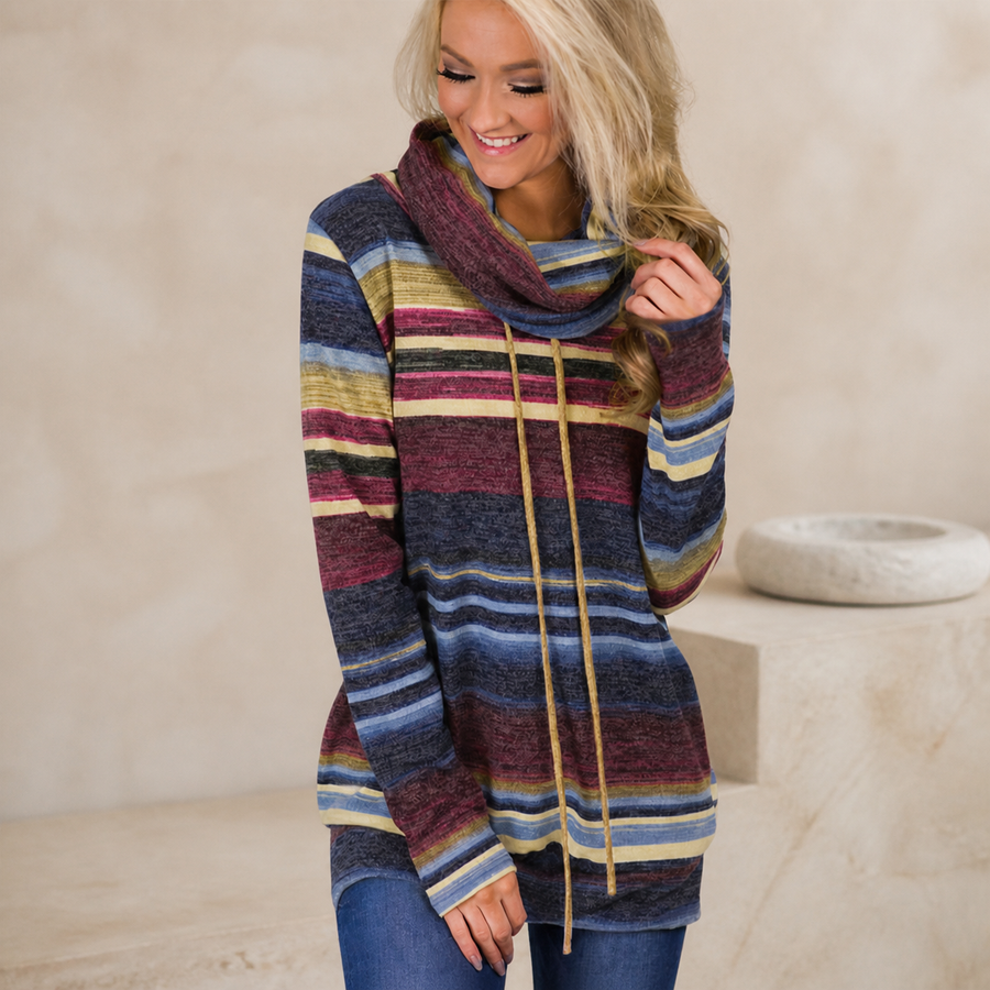 Sweat long rayé à col boule — Bleu multicolore