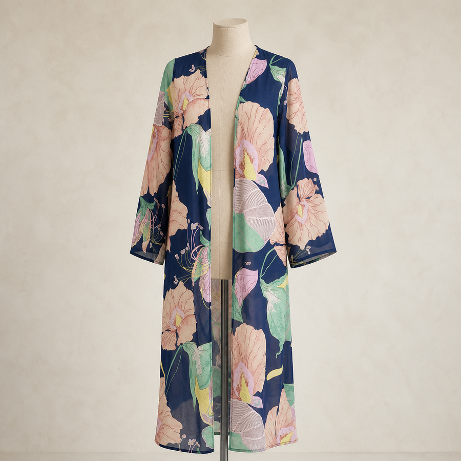 Kimono long léger — Bleu marine floral
