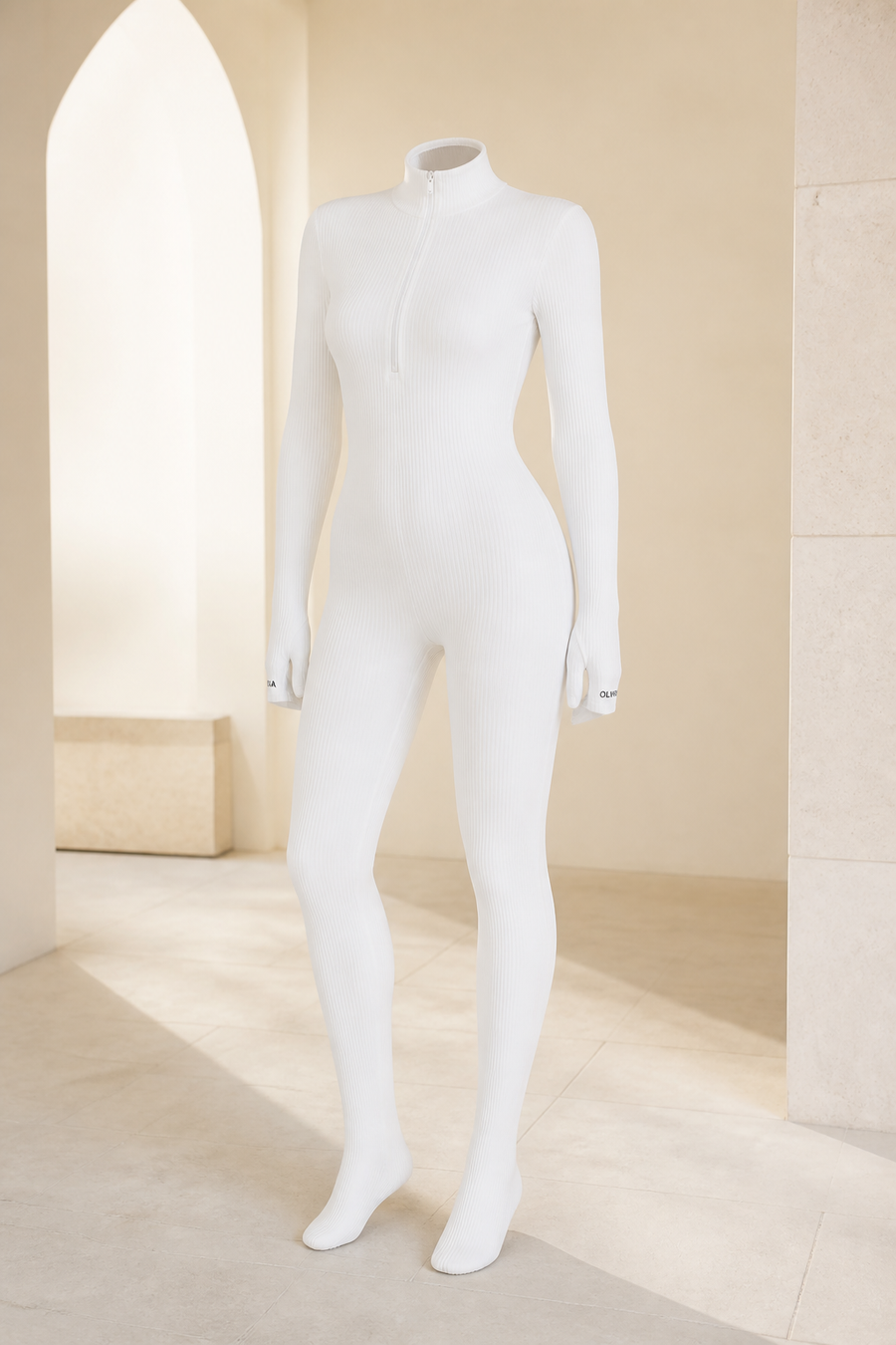 Combinaison côtelée ajustée à col zippé — Blanc