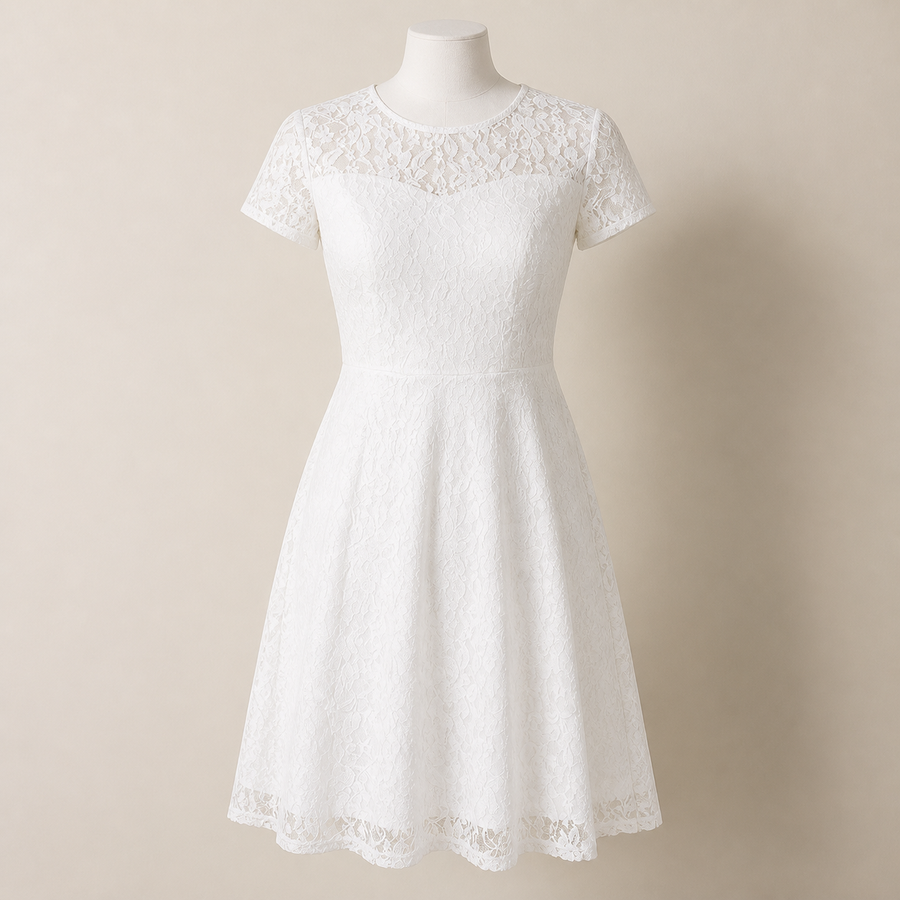 Robe évasée en dentelle florale — Blanc, manches courtes