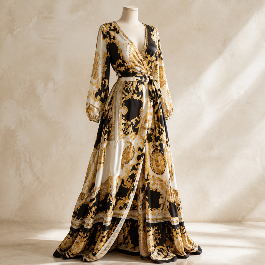Robe longue portefeuille imprimée — Noir, ivoire et or baroque