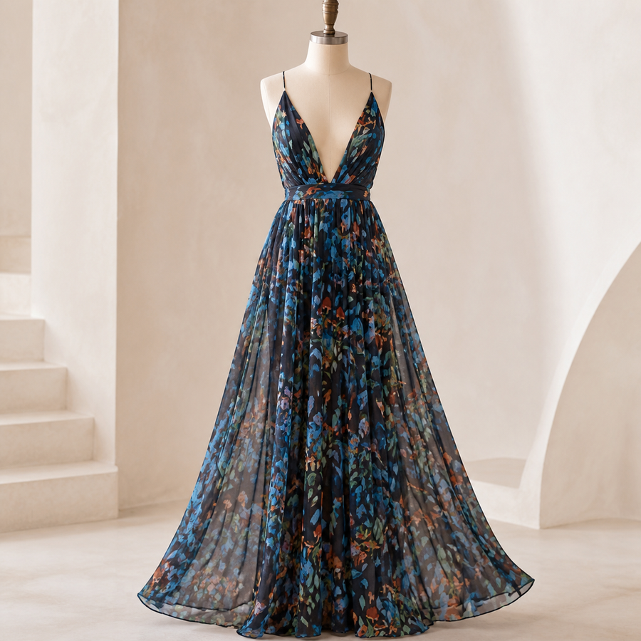 Robe longue en mousseline — Bleu nuit floral