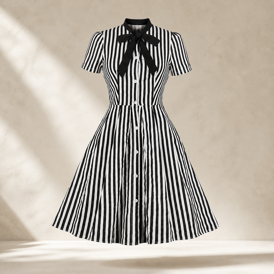 Robe chemise rayée à col noué — Noir et blanc