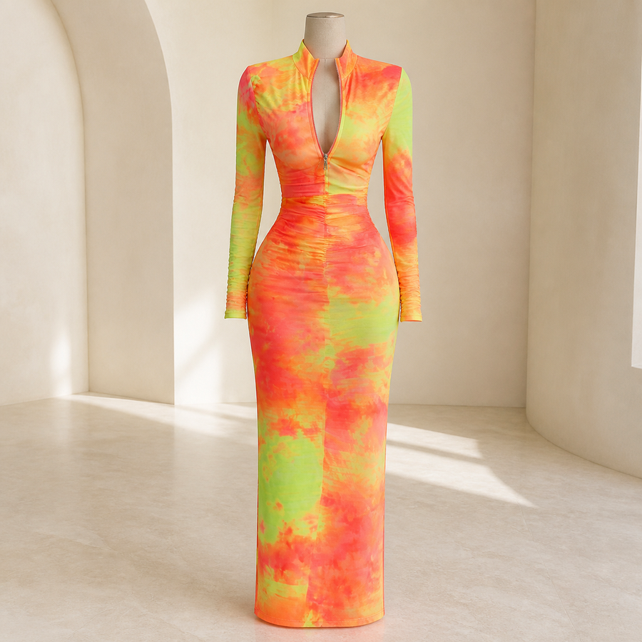 Robe longue ajustée à col zippé — Orange et lime