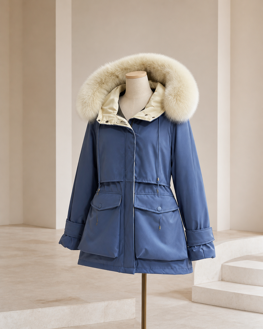 Parka longue — Bleu ardoise · bordure écrue