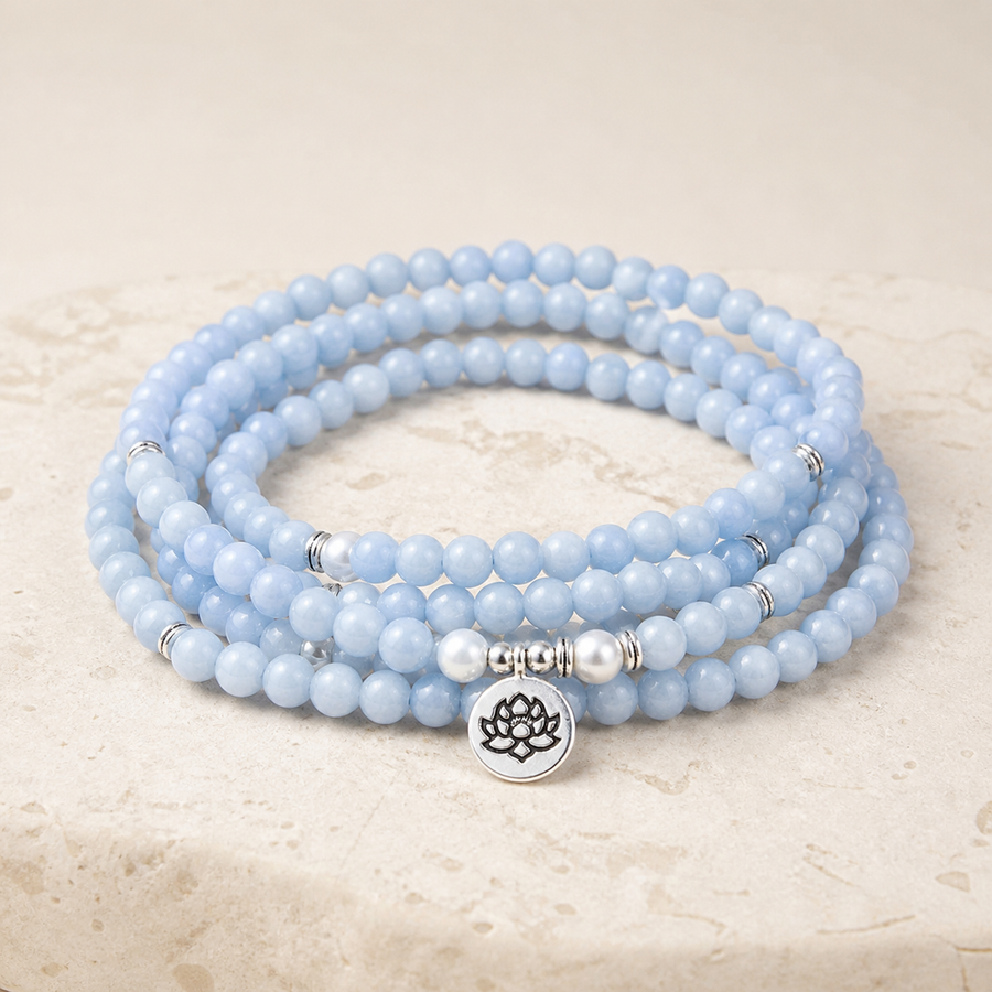 Collier-bracelet 108 perles — Bleu céleste — Lotus argenté