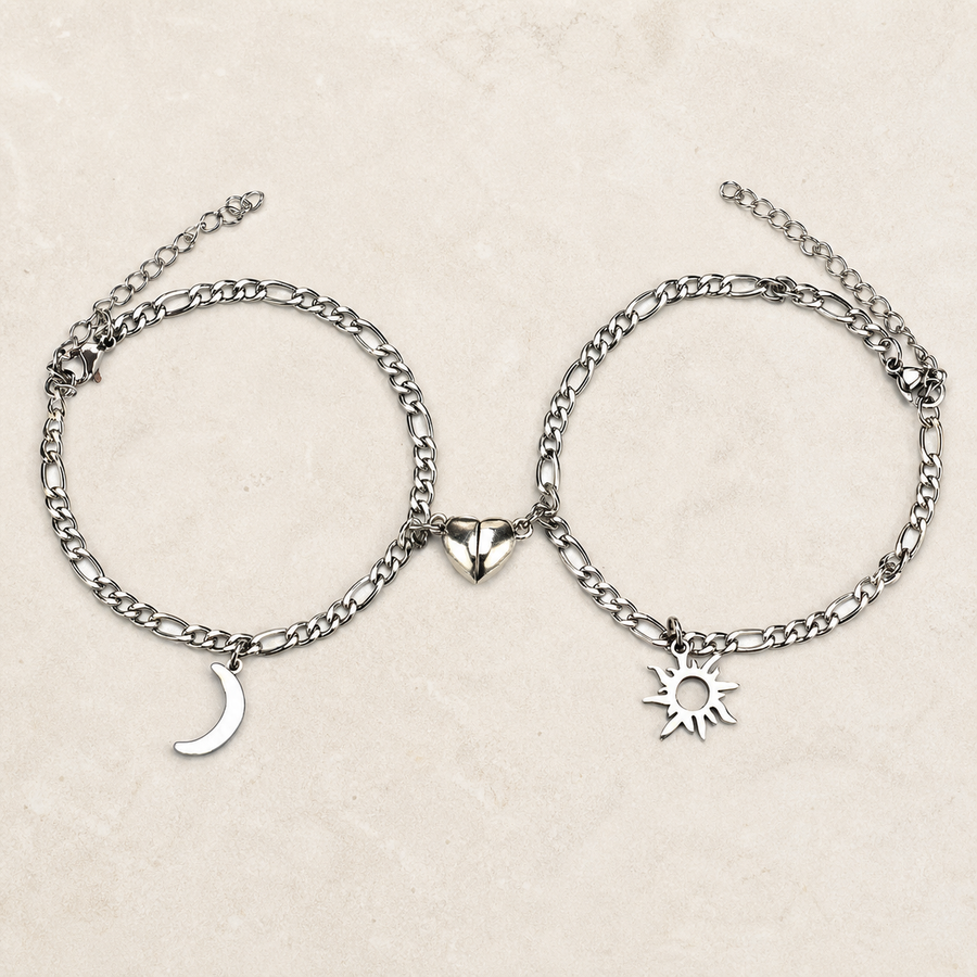Duo de bracelets aimantés lune et soleil — Maille gourmette