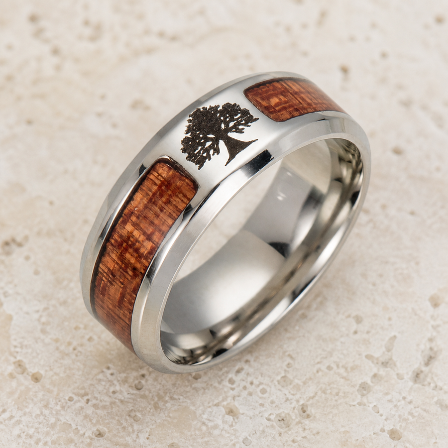 Bague en acier à incrustations bois — Arbre de vie