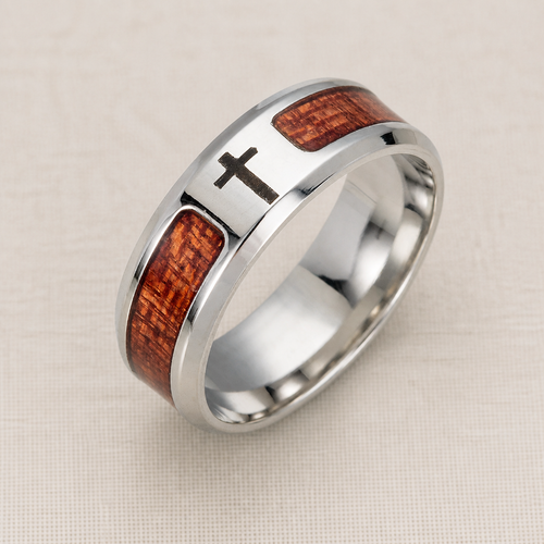 Bague en acier à incrustations bois — Croix