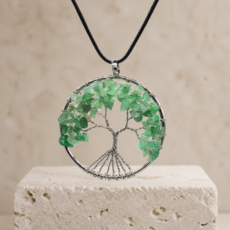 Pendentif arbre de vie en pierres — Aventurine verte — Cordon noir