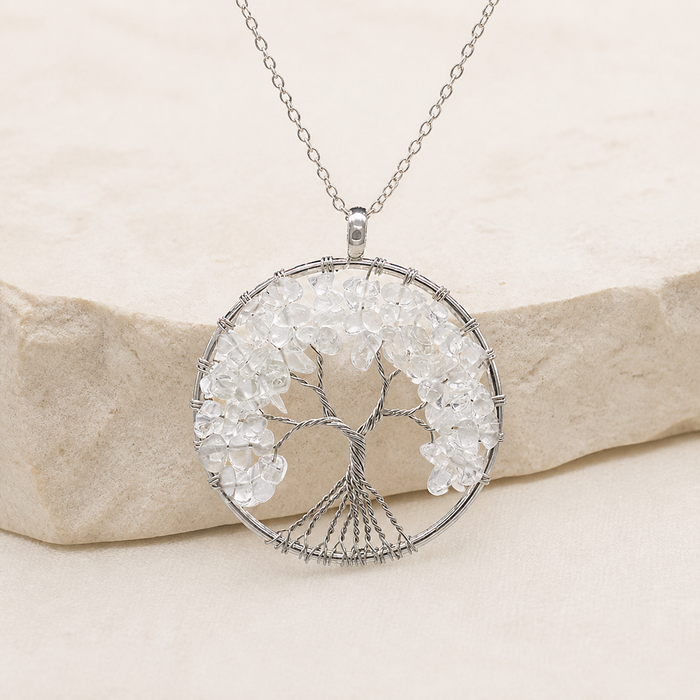 Pendentif arbre de vie en pierres — Cristal blanc — Chaîne argentée