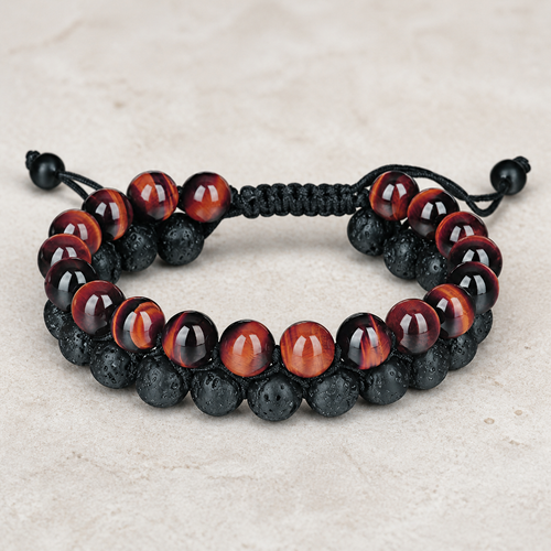 Bracelet en pierres naturelles — Duo — Œil-de-tigre rouge + lave noire