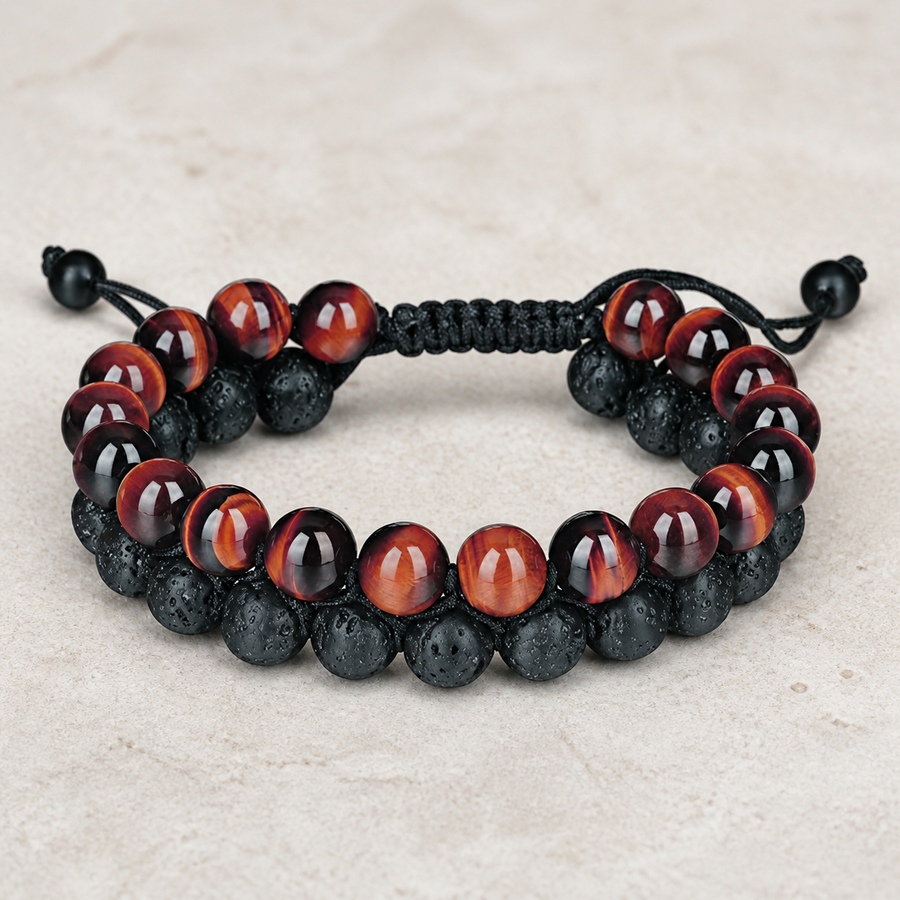 Bracelet en pierres naturelles — Duo — Œil-de-tigre rouge + lave noire