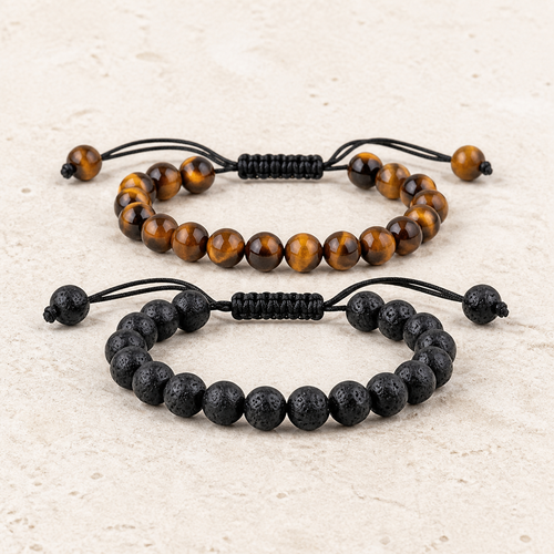 Bracelet en pierres naturelles — Duo — Œil-de-tigre brun + lave noire
