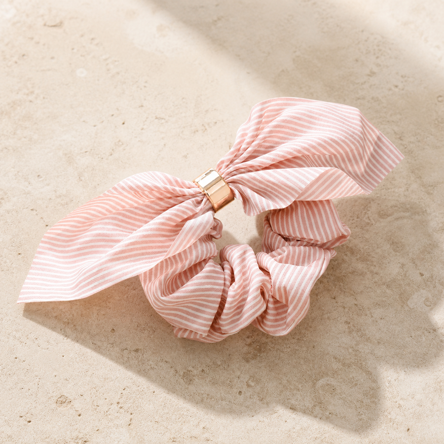 Chouchou rayé à nœud — Rose poudré