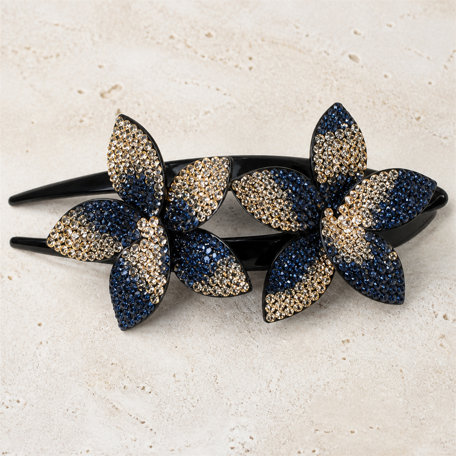 Pince à deux fleurs en strass — Bleu nuit et champagne — L