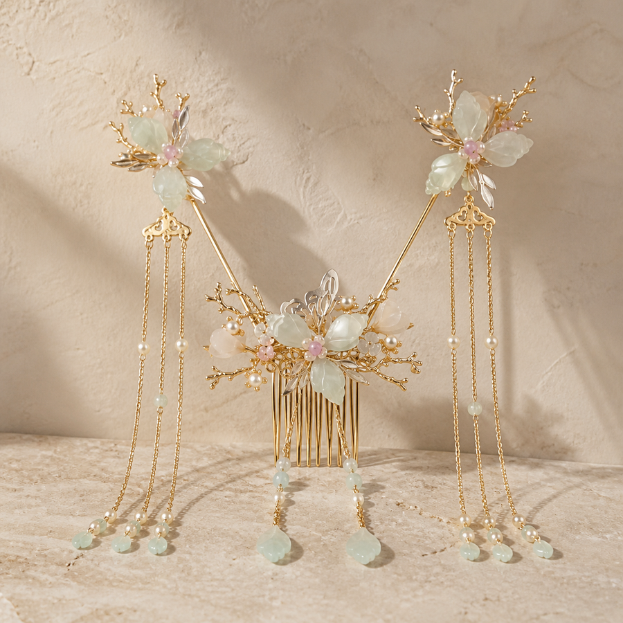 Parure de coiffure fleurie à pampilles — Céladon — 3 pièces