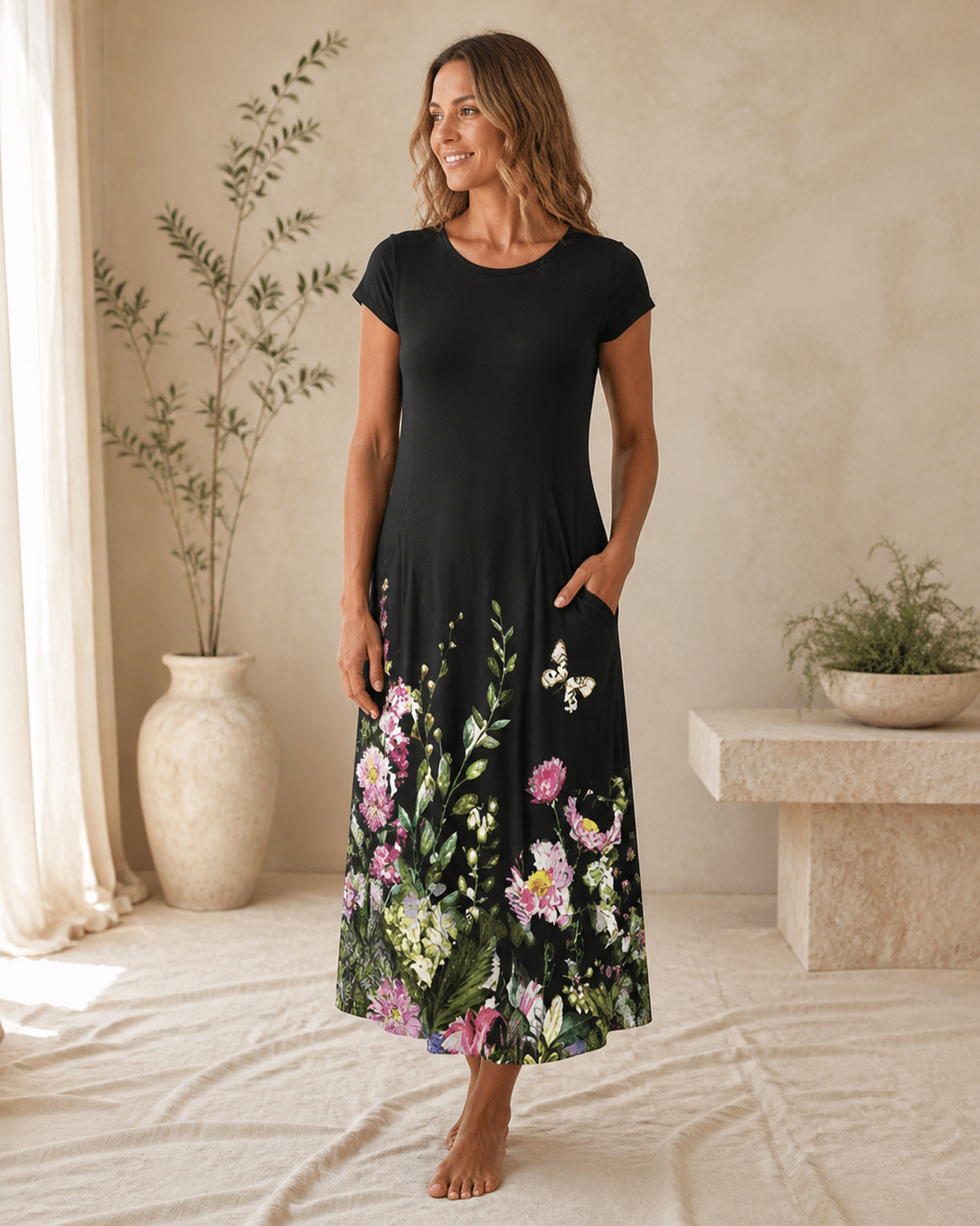 Printed short-sleeve dress with pockets
