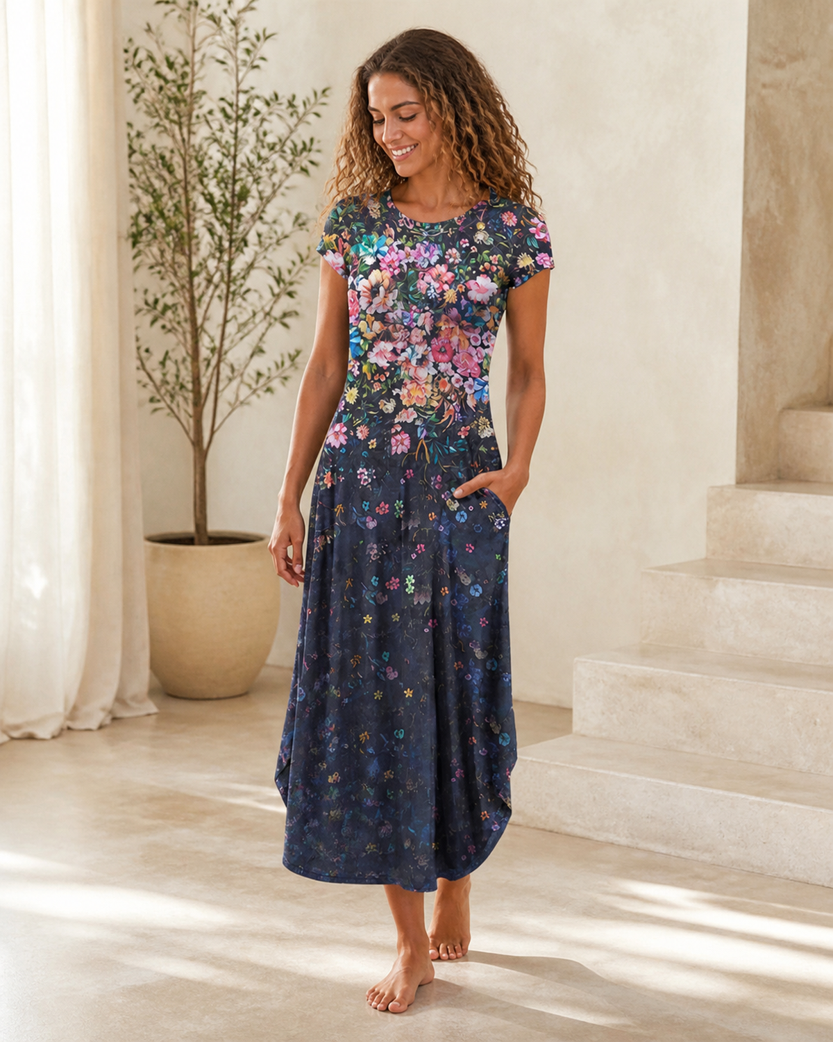 Printed short-sleeve dress with pockets