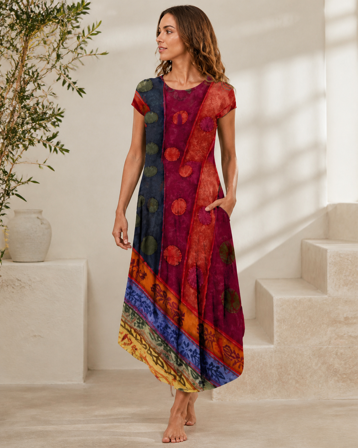 Printed short-sleeve dress with pockets