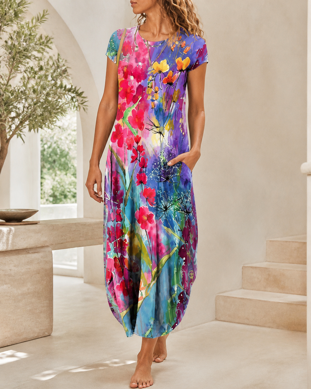 Printed short-sleeve dress with pockets