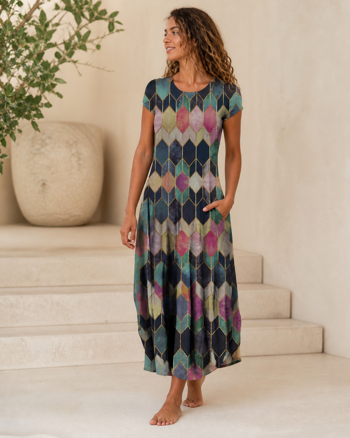 Printed short-sleeve dress with pockets
