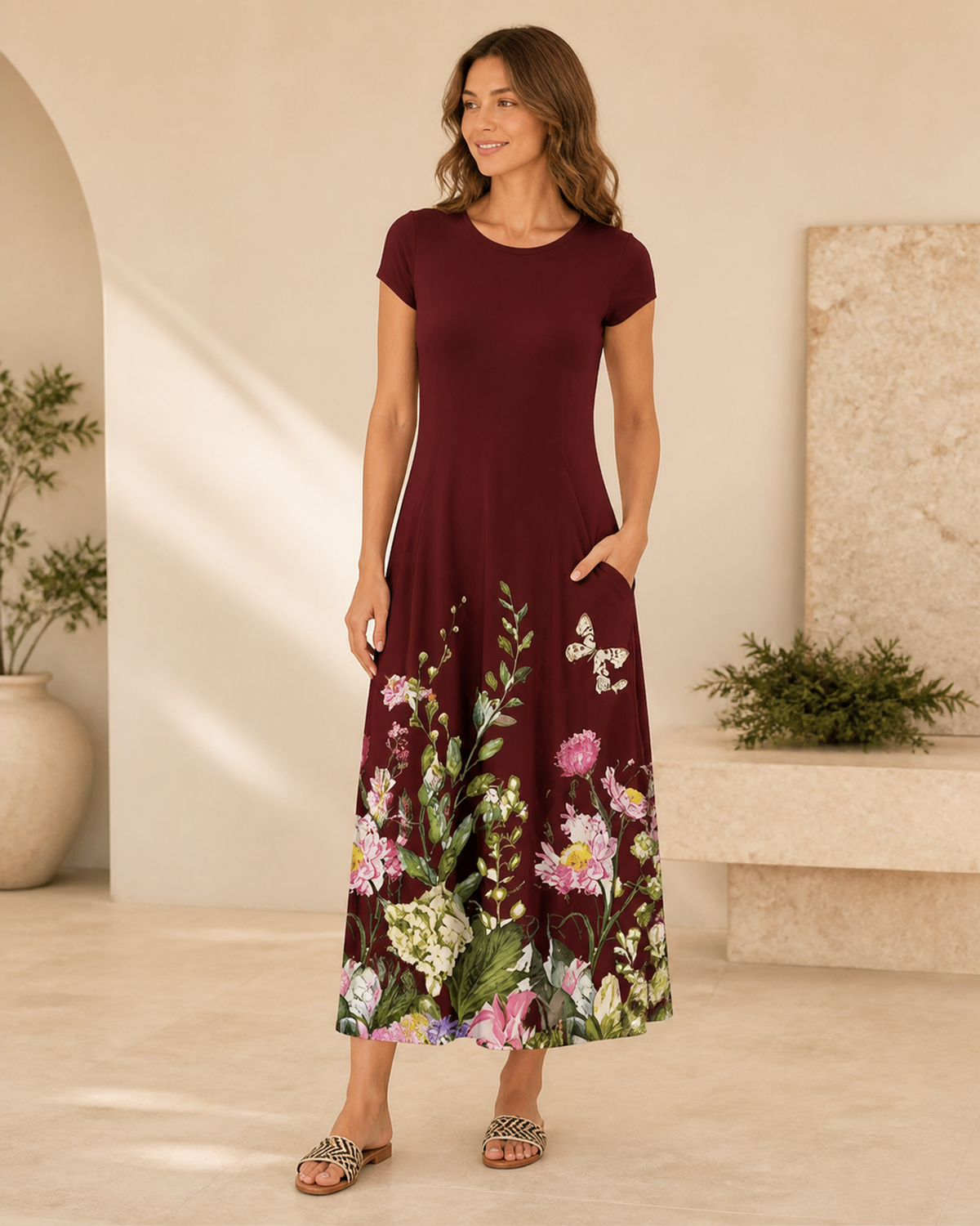 Printed short-sleeve dress with pockets