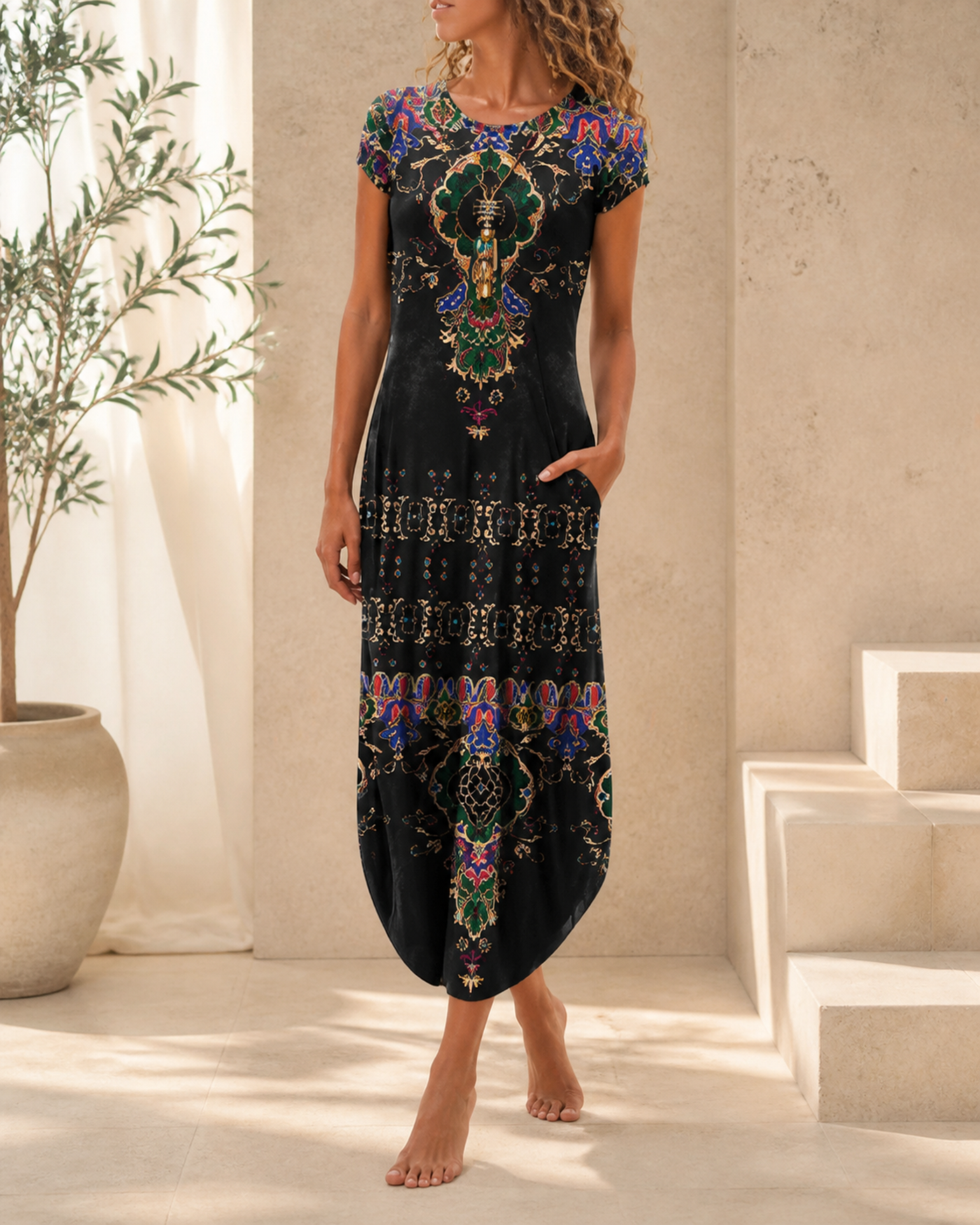 Printed short-sleeve dress with pockets