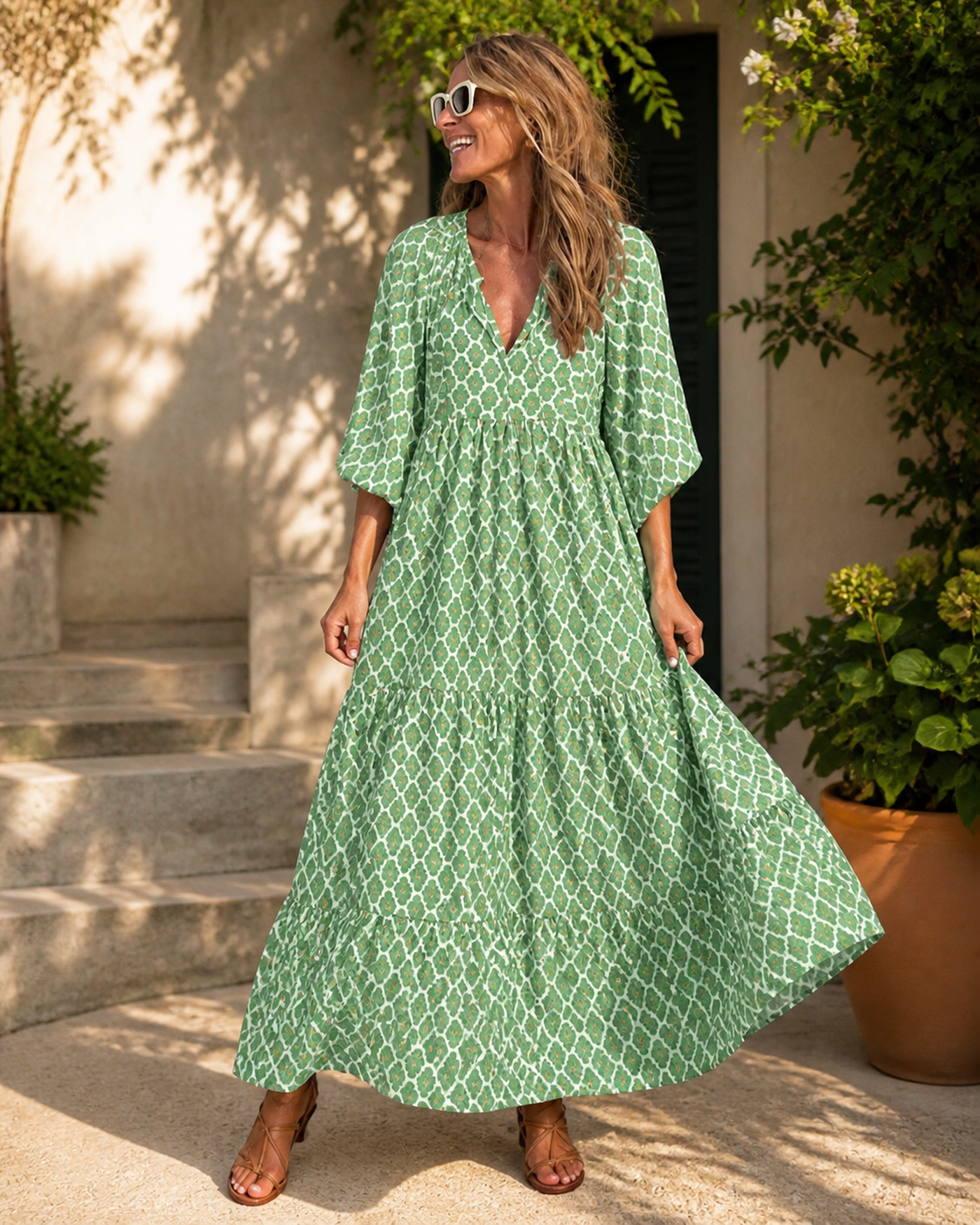 Long printed V-neck dress