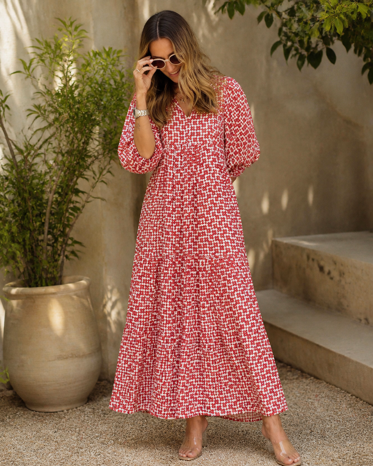 Long printed V-neck dress