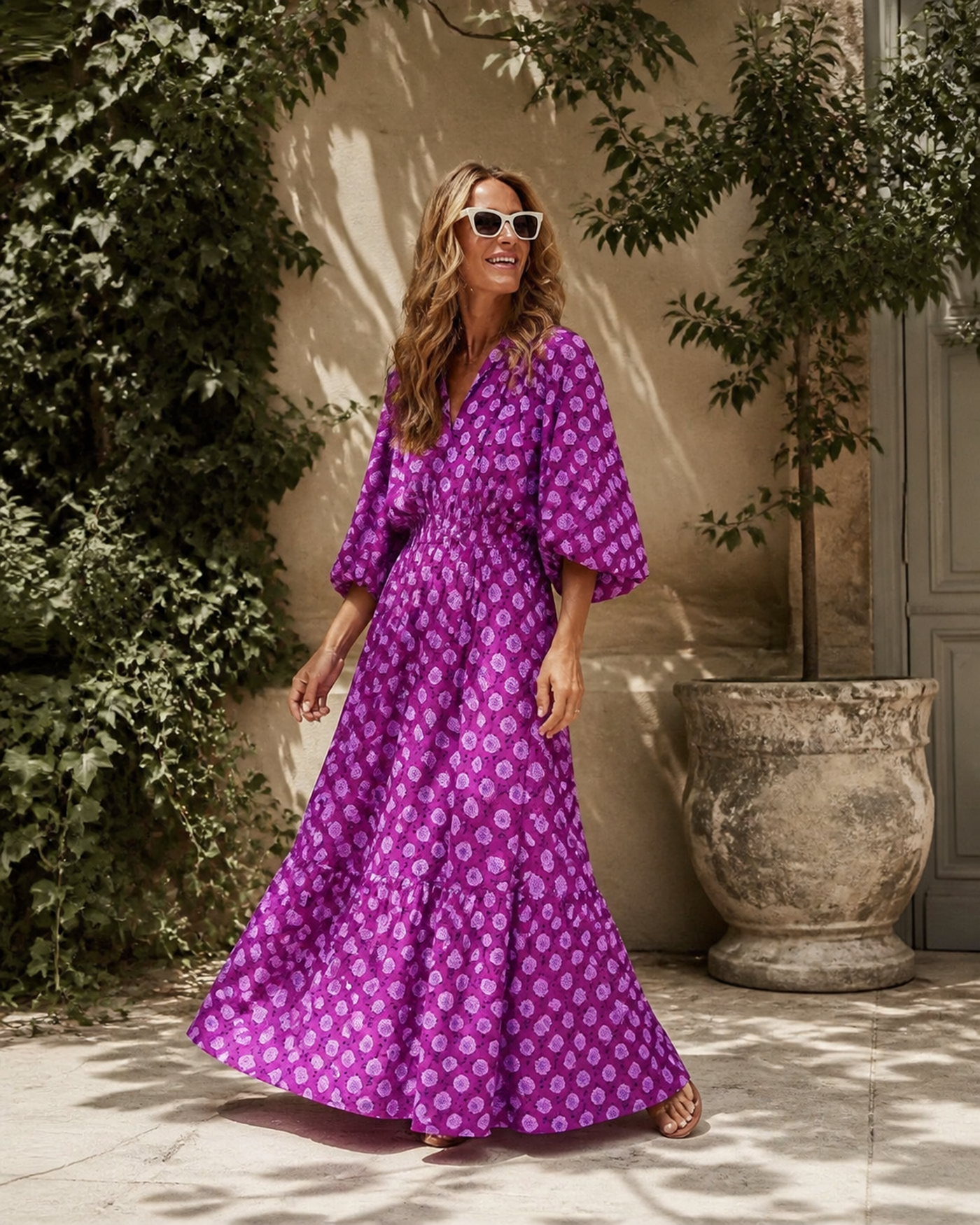 Long printed V-neck dress