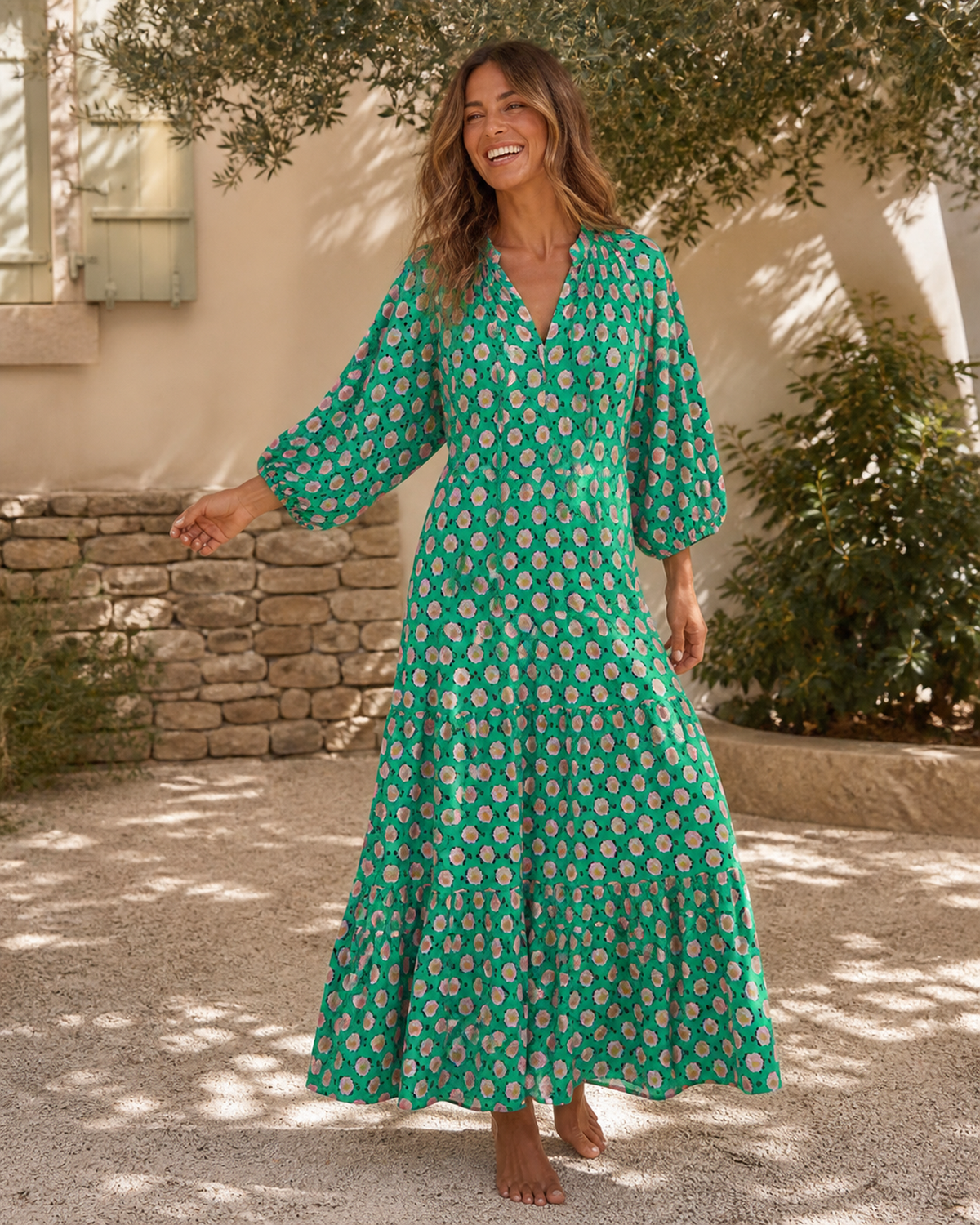 Long printed V-neck dress