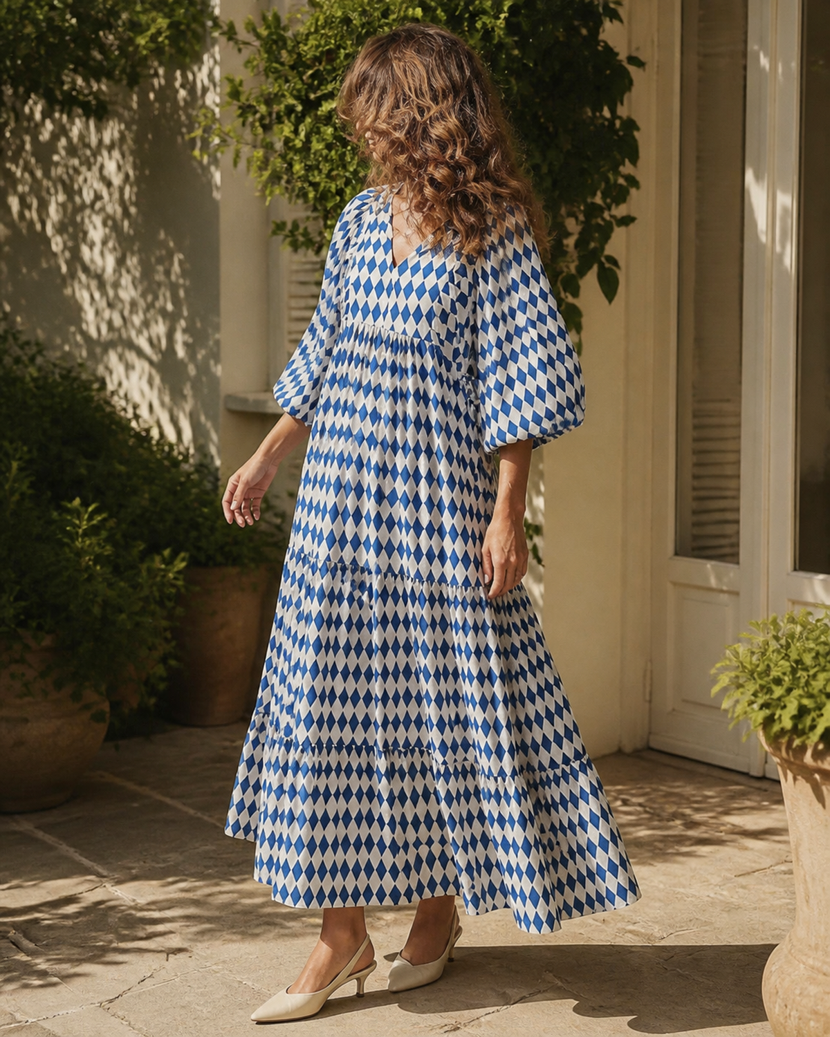 Long printed V-neck dress