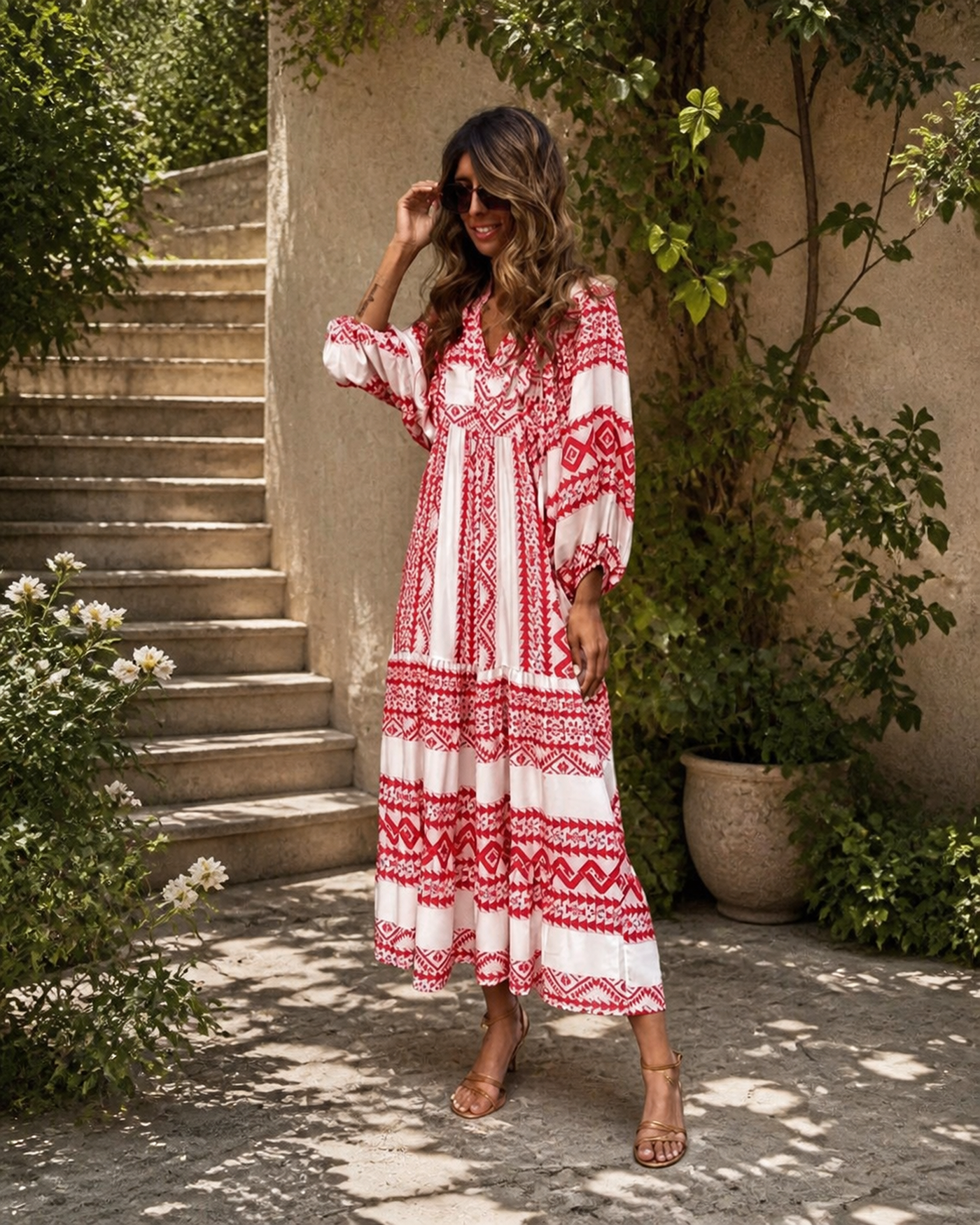 Long printed V-neck dress