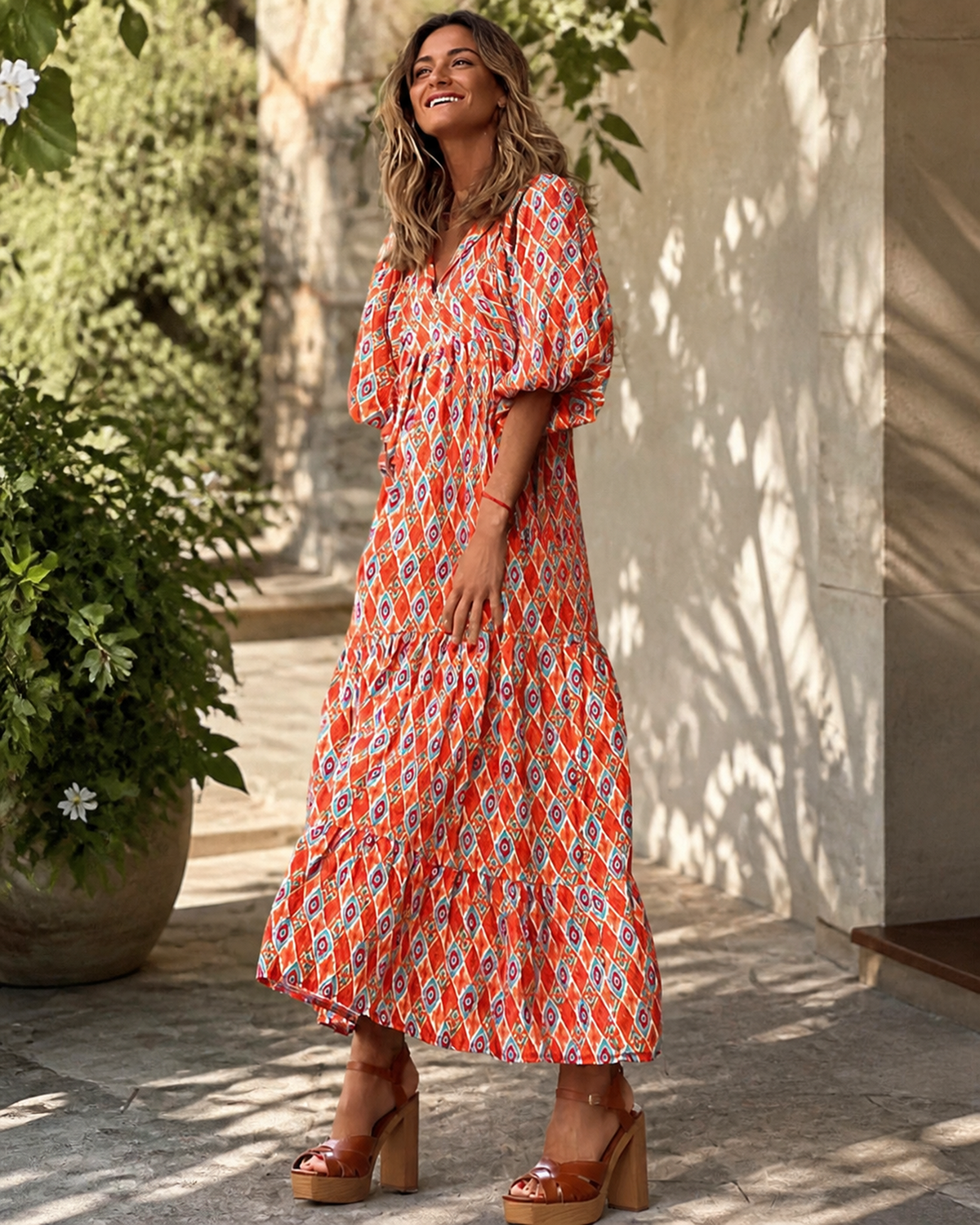 Long printed V-neck dress